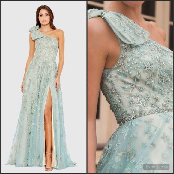 MAC DUGGAL 11177 Green Embellished Bow One Shoulder A Line Gown 10 - Picture 1 of 16
